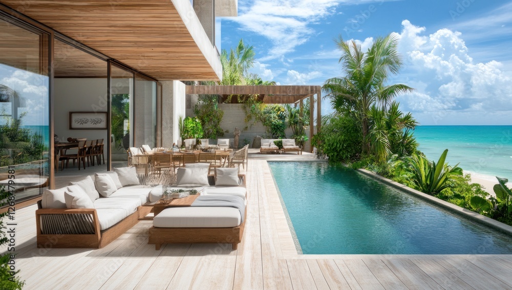 Fototapeta premium Luxury Beachfront Villa with Infinity Pool: Tropical Getaway