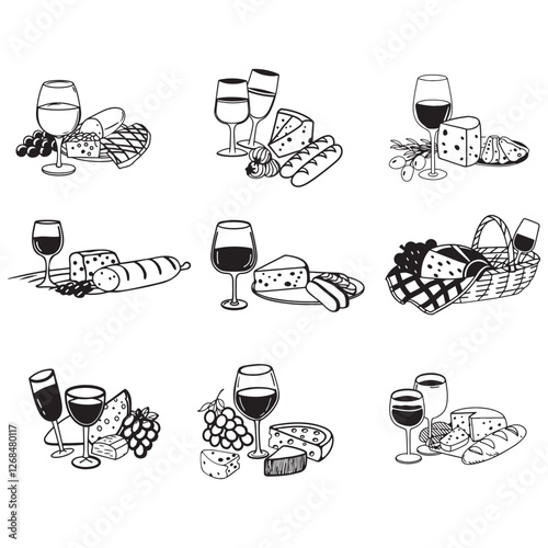 chalk food vector illustrations. wedding dinner icons, wine or champagne glass, cheese, and charcuterie drawings for wedding invitations, cafe menus, and parties.