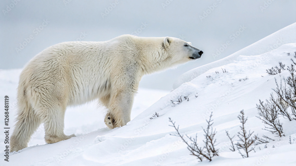 A majestic polar bear strides across a snowy landscape, its thick white fur blending with the icy surroundings under an overcast Arctic sky A majestic polar bear strides across a snowy landscape, its thick white fur blending with the icy surroundings under an overcast Arctic sky