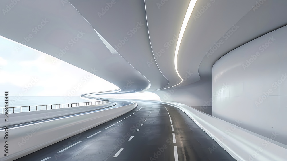 Futuristic highway curve, ocean view, sunrise Futuristic highway curve, ocean view, sunrise