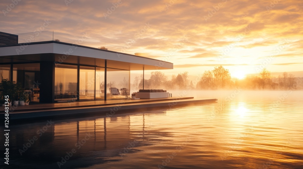 Modern Lakeside House Sunrise Golden Light Modern Lakeside House Sunrise Golden Light