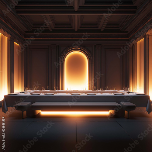 modern dining room with long table, elegant lighting, and minimalist design creates sophisticated atmosphere. warm glow enhances ambiance, inviting gatherings