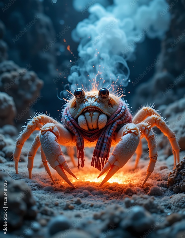 Winter Crab, A whimsical creature glowing warmly beneath the sea Winter Crab, A whimsical creature glowing warmly beneath the sea