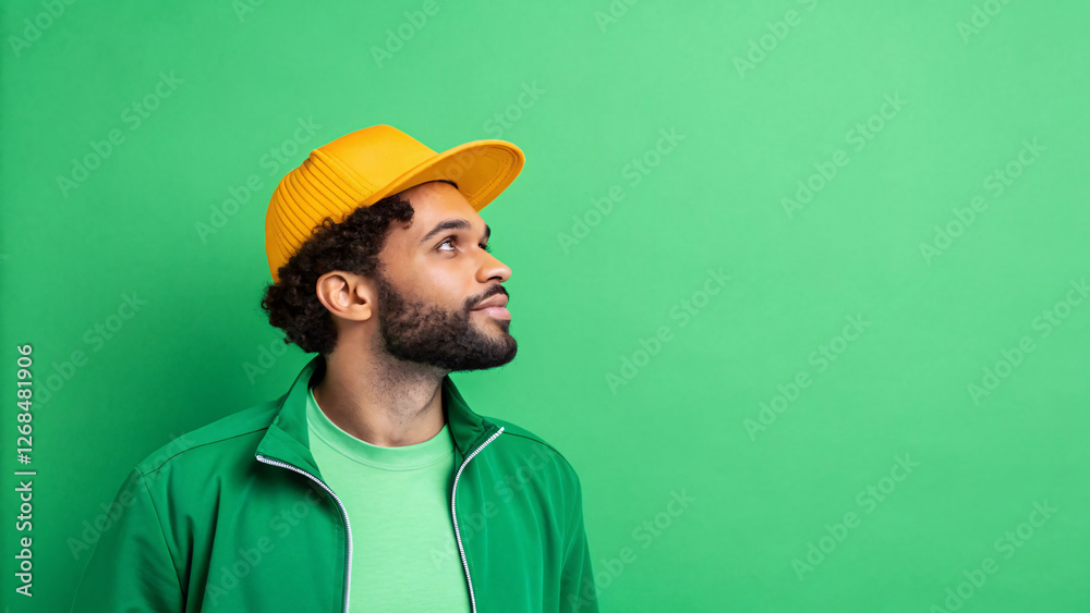 A stylish man in a green jacket and t-shirt stands confidently against a green background, his yellow cap adding a bold color contrast A stylish man in a green jacket and t-shirt stands confidently against a green background, his yellow cap adding a bold color contrast