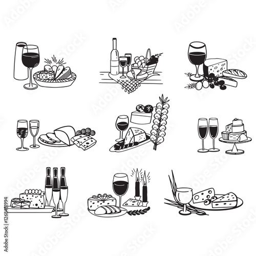 chalk food vector illustrations. wedding dinner icons, wine or champagne glass, cheese, and charcuterie drawings for wedding invitations, cafe menus, and parties.