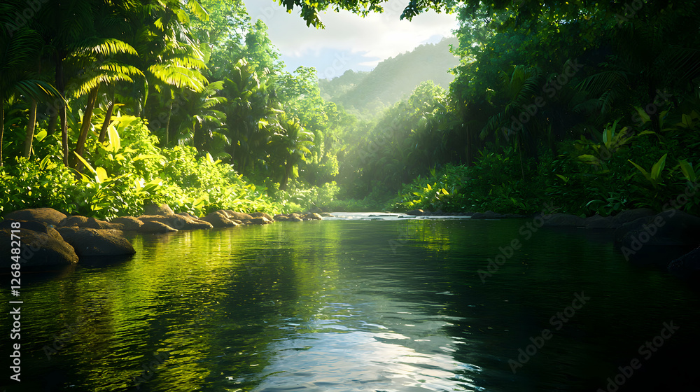 Obraz premium Sunlit Tropical River in Lush Green Jungle
