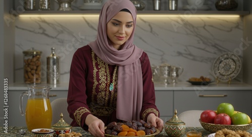a woman prepares a festive meal with dates and sweets showcasing ramadan preparations and cultural richness