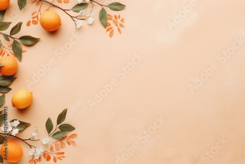 Fresh oranges and green leaves arranged on beige background with copy space. Citrus fruit flat lay composition for healthy eating, food photography or social media content photo