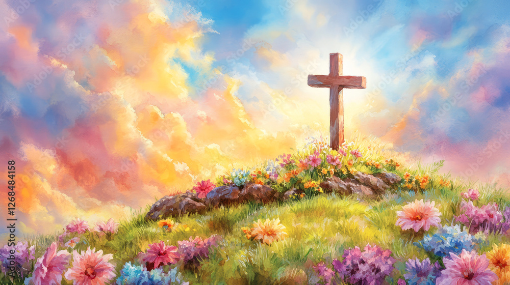 Serene Landscape with Cross Surrounded by Colorful Flowers and Vibrant Sky at Sunrise Serene Landscape with Cross Surrounded by Colorful Flowers and Vibrant Sky at Sunrise