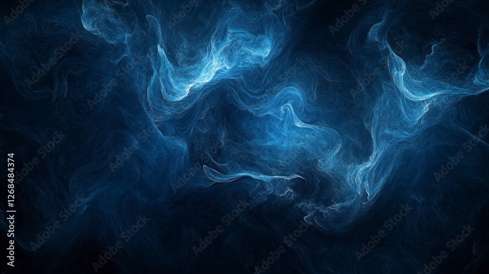 An abstract, digital background with dark tones, featuring swirling shapes and glowing highlights. The design showcases intricate patterns of light in shades of deep indigo against a black space, crea