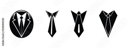 Black and white business suit and tie icons set isolated on white background, formal wear symbols for corporate and professional themes