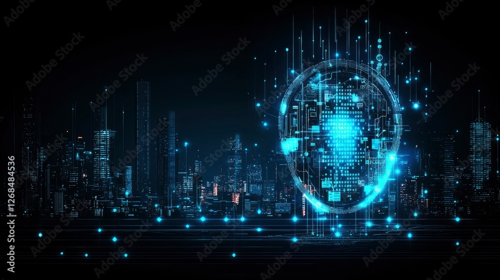 Fototapeta premium Futuristic Cityscape with Holographic Global Network Interface