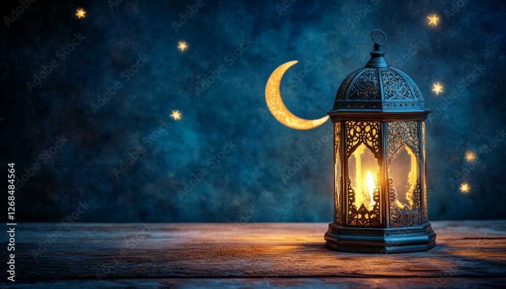 muslim Ramadan lamp with crescent moon and stars symbolizing Ramadan decorated behind. Ramadan event concept banner muslim Ramadan lamp with crescent moon and stars symbolizing Ramadan decorated behind. Ramadan event concept banner