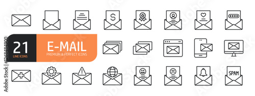 Set of line icons related to mail, email and more. Outline icons collection. Editable stroke. Vector illustration.