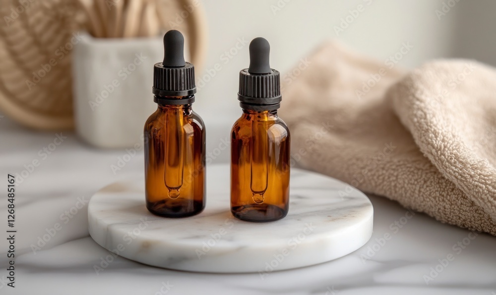 Close-up of amber glass dropper bottles with brown essential oil on a white marble plate, with a beige towel in the background, creating a modern aesthetic. Close-up of amber glass dropper bottles with brown essential oil on a white marble plate, with a beige towel in the background, creating a modern aesthetic.