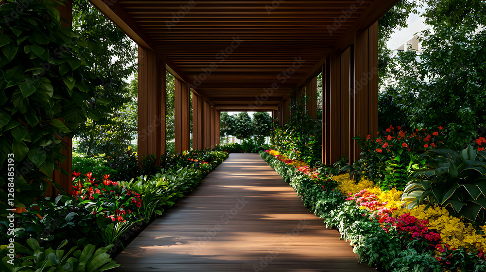 Sunlit Wooden Pathway Through Lush Garden Sunlit Wooden Pathway Through Lush Garden