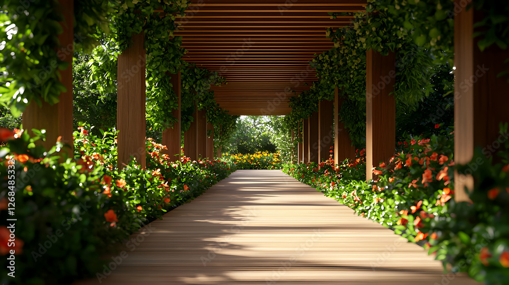 Sunlit Wooden Walkway Through a Rose Garden Pergola Sunlit Wooden Walkway Through a Rose Garden Pergola