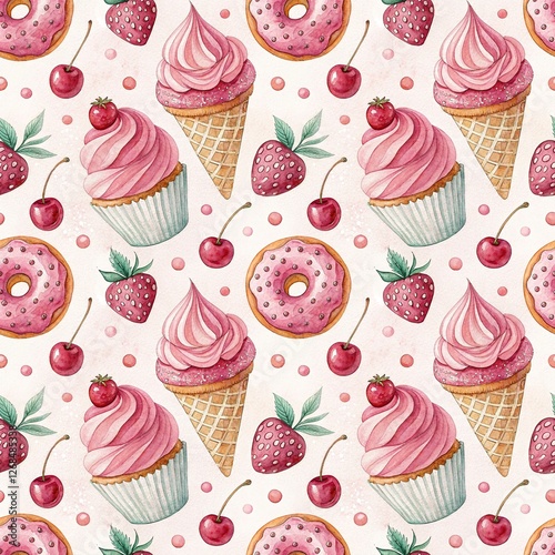 Seamless Pink Dessert Pattern with Cupcakes and Ice Cream