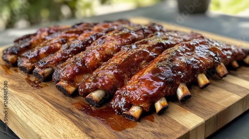 Sizzling glazed bbq ribs on an open grill with smoke and flames capturing summer best flavors photo