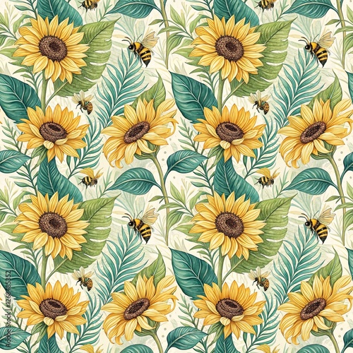 Wallpaper Mural Seamless Sunflower and Bee Pattern with Tropical Leaves Torontodigital.ca