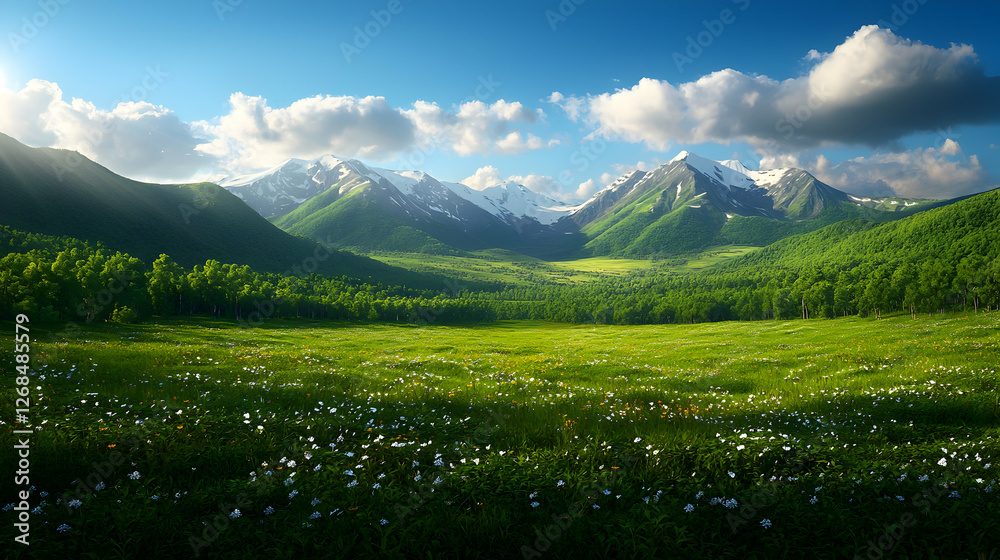 Fototapeta premium Sunny Alpine Meadow Landscape with Snow-Capped Mountains