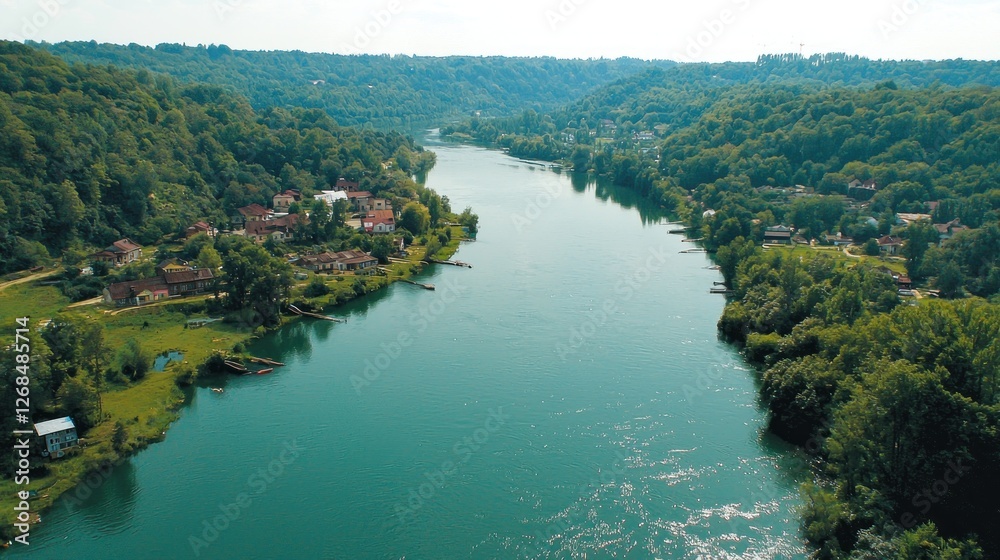 River winding through forested valley, with small town nestled along its banks. Aerial view