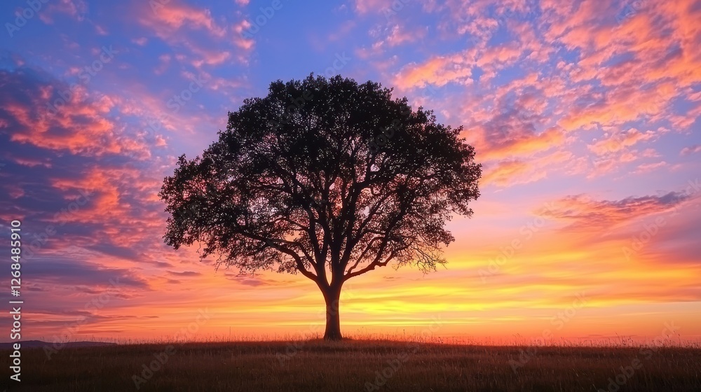 A silhouette of a tree against the colorful sky of a sunrise in a rural landscape. A silhouette of a tree against the colorful sky of a sunrise in a rural landscape.