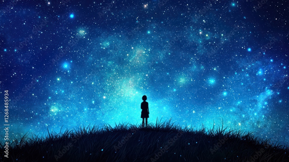 Fototapeta premium A silhouette of a person standing on a hilltop, looking up at a sky glittering with stars.