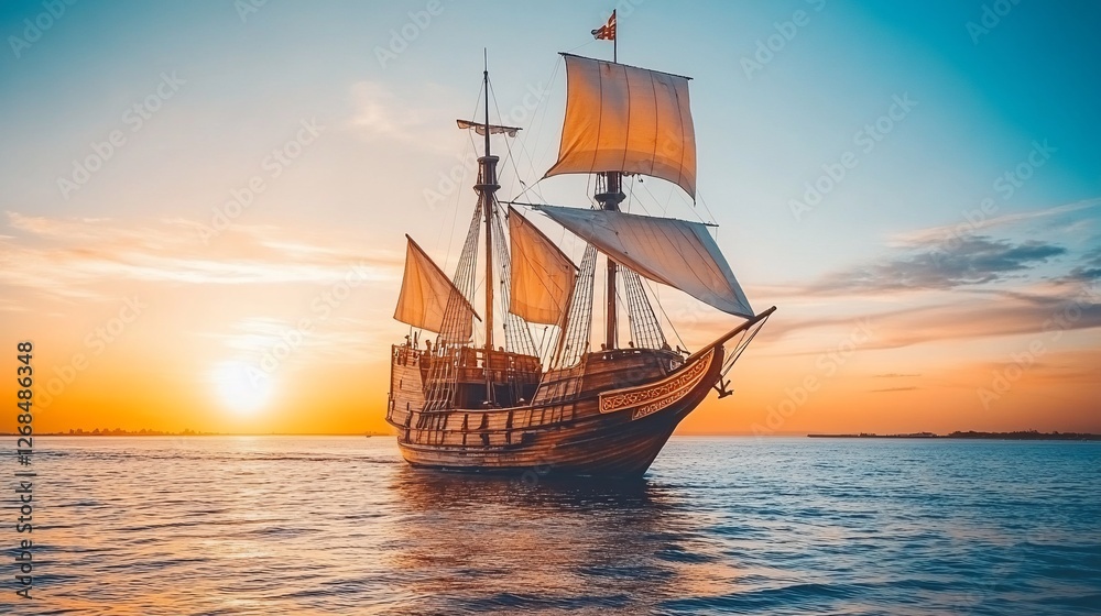 Fototapeta premium Majestic sailing ship at sunset on calm ocean waters.