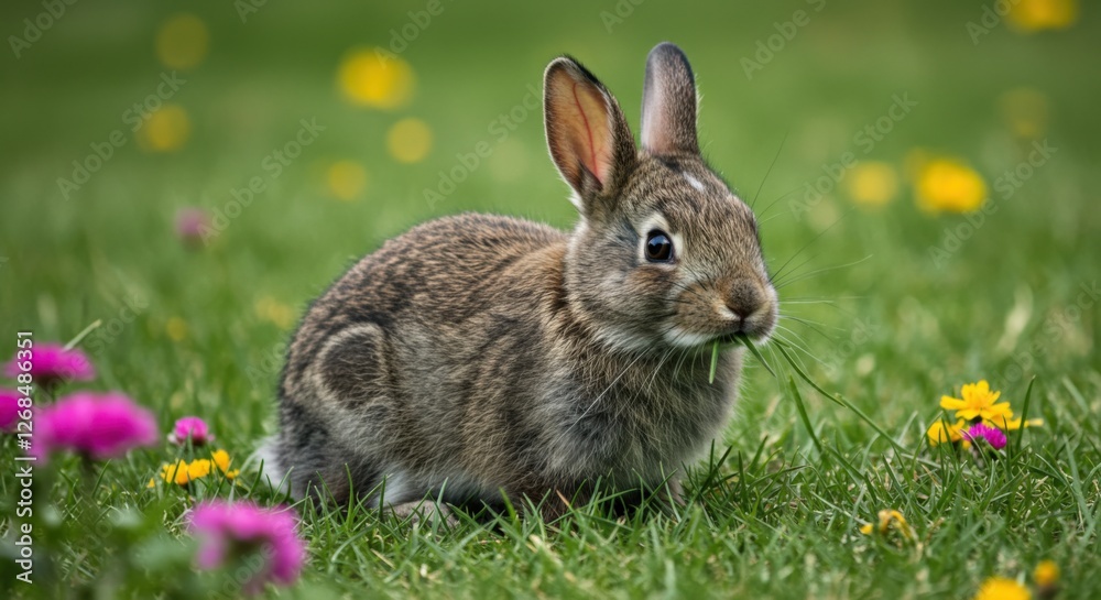 Fototapeta premium Cute Rabbit Eating Grass in a Flower Meadow
