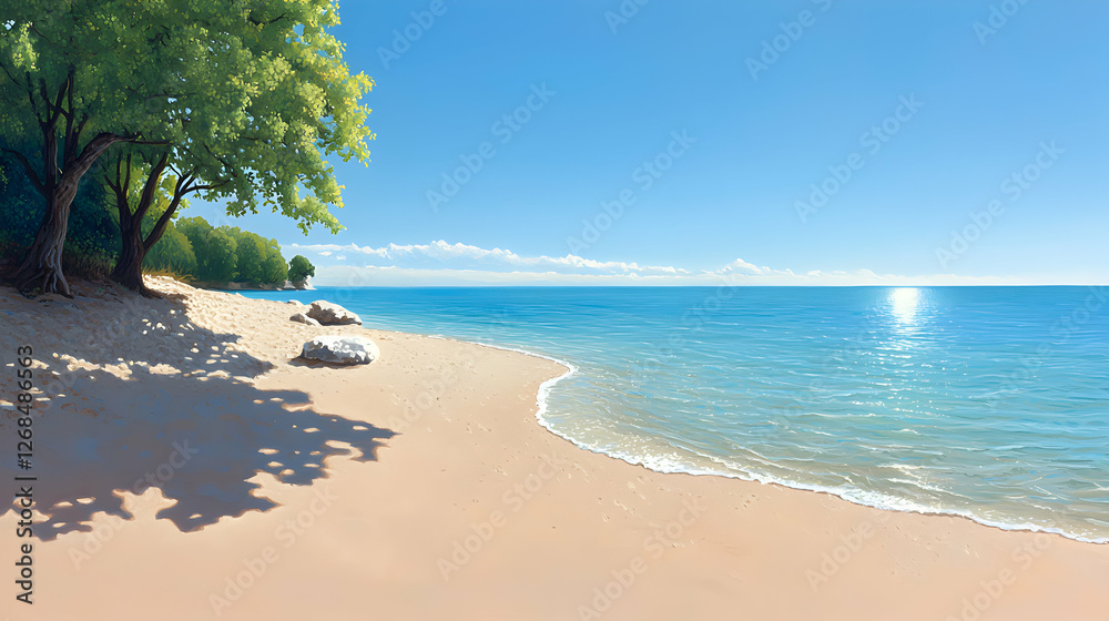 Sunny Beach Scene with Lush Green Tree and Azure Ocean Sunny Beach Scene with Lush Green Tree and Azure Ocean