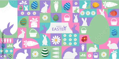 Easter Greeting card poster and banner template with Easter eggs in the nest on green, blue, yellow, white and pink background.Greetings and presents for Easter Day with copy space in flat styling