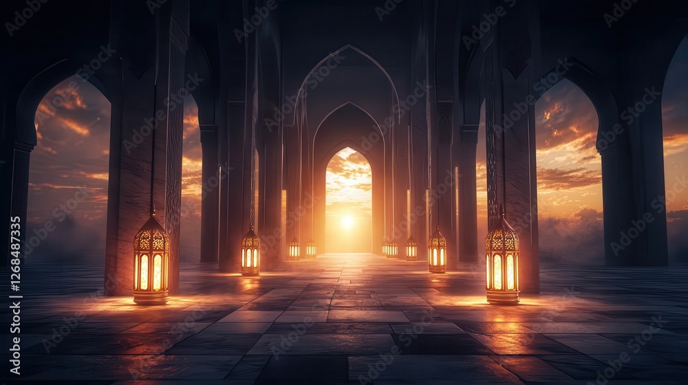 Shahada inscribed on glowing ceremonial lamps in a mosque, light of devotion, 3D illustration Shahada inscribed on glowing ceremonial lamps in a mosque, light of devotion, 3D illustration