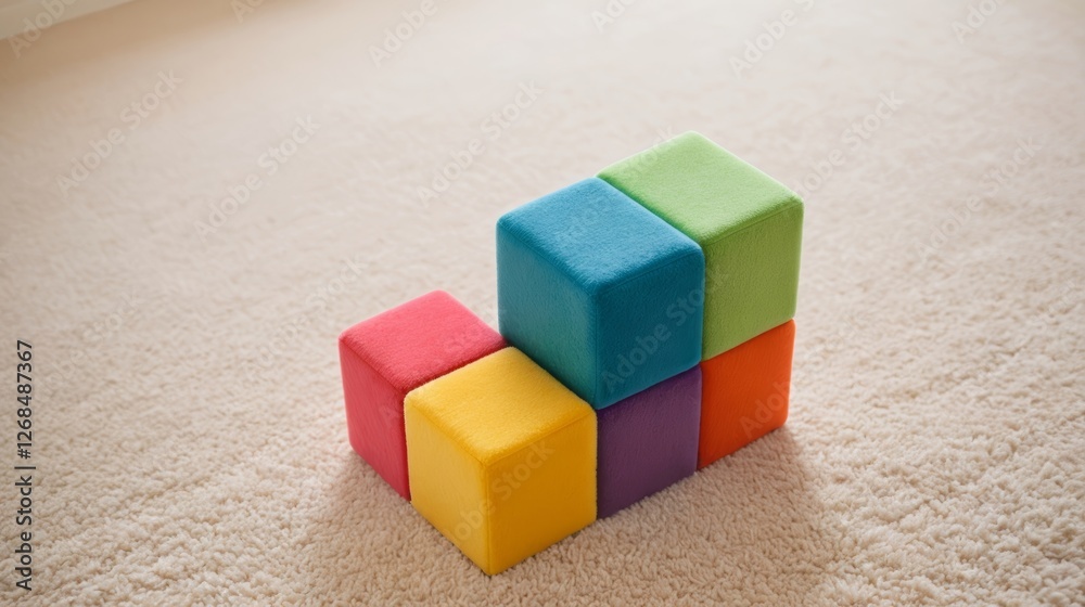 Obraz premium Colorful building blocks stacked on a soft carpet background.