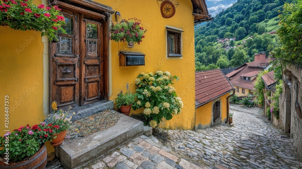 Fototapeta premium Charming yellow house, cobblestone alley, mountain village, lush greenery