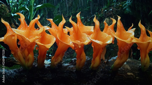 Tropical orange flowers in rainforest, rain droplets photo