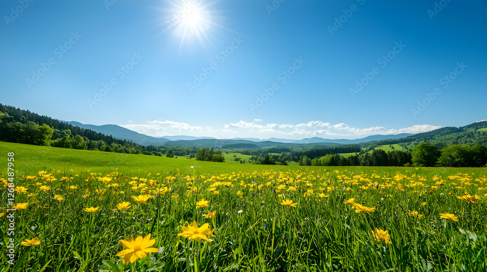 Sunny Day in a Yellow Flower Field with Mountain View Sunny Day in a Yellow Flower Field with Mountain View