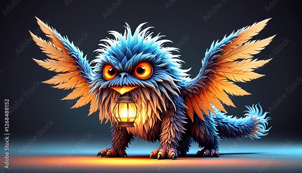 A Fluffy, Winged Monster With Color-Changing Feathery Tufts, Carrying a Glowing Lantern Tied to Its Tail A Fluffy, Winged Monster With Color-Changing Feathery Tufts, Carrying a Glowing Lantern Tied to Its Tail