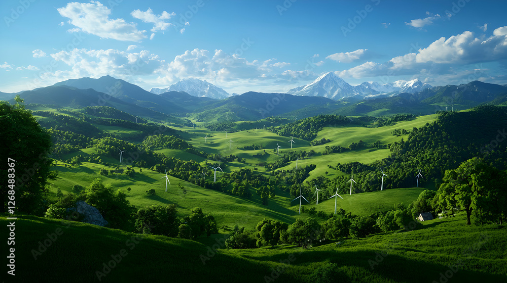 Sunny Day in Verdant Valley with Snow Capped Mountains