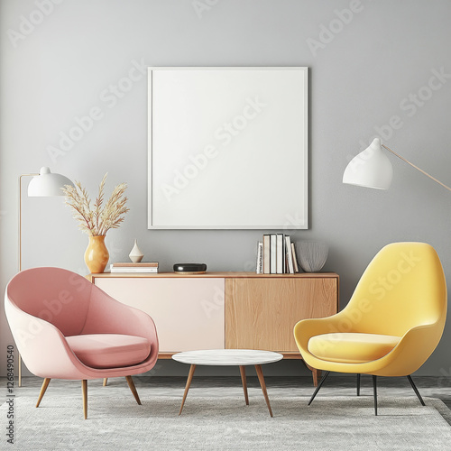 Contemporary Interior with Art Mockup: A modern living room interior featuring a blank canvas for art, inviting you to envision your own artwork within this stylish and inviting space.