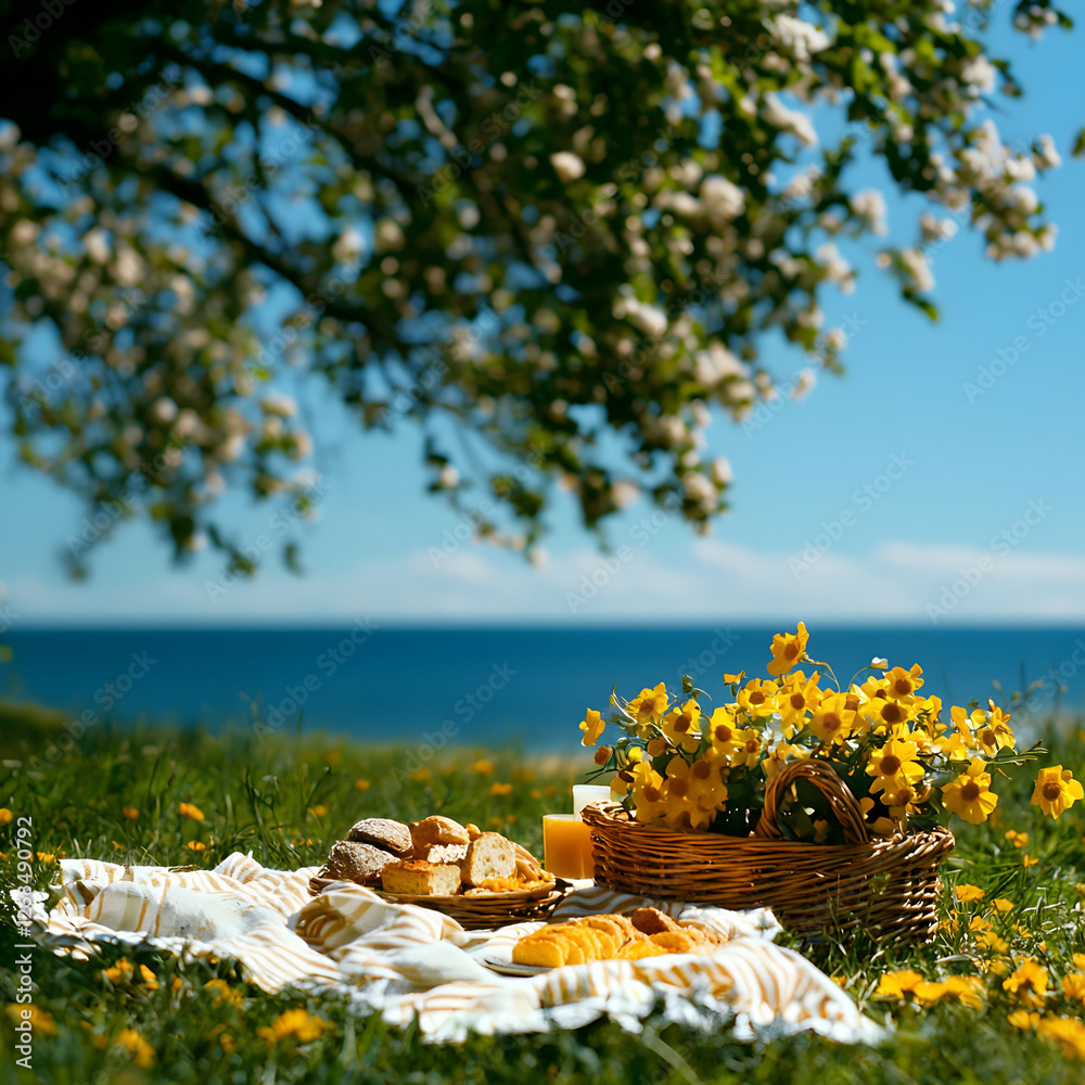 Fototapeta premium Sunny Seaside Picnic with Yellow Flowers