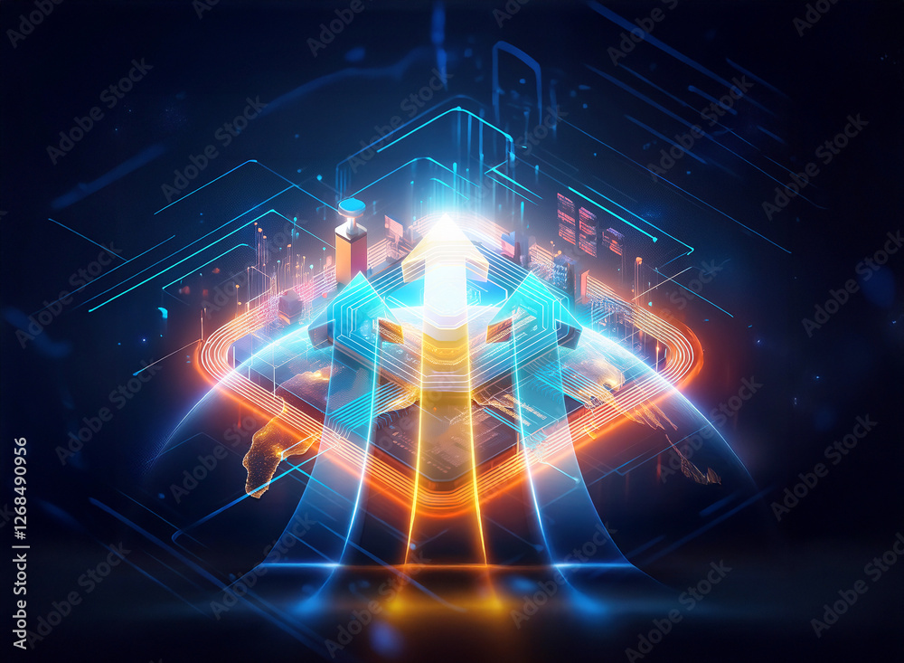 Obraz premium Abstract digital artwork featuring glowing blue and orange arrows pointing upwards, surrounded by geometric lines and shapes against a dark backdrop, suggesting progress and connectivity.