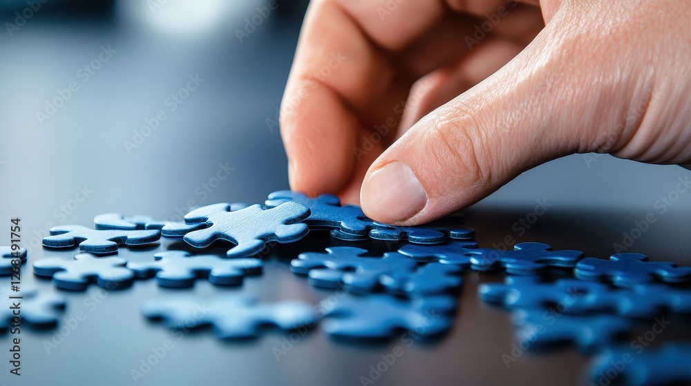 Hand Placing Blue Puzzle Piece on Table for Problem Solving Activity Hand Placing Blue Puzzle Piece on Table for Problem Solving Activity