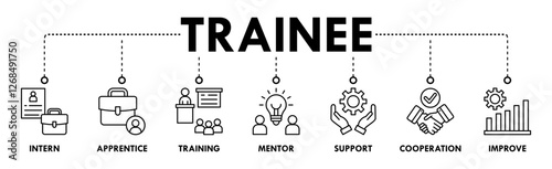 Trainee banner web icon vector illustration concept for internship training and learning program apprenticeship with an icon of intern, apprentice, training, mentor, support, cooperation and improve