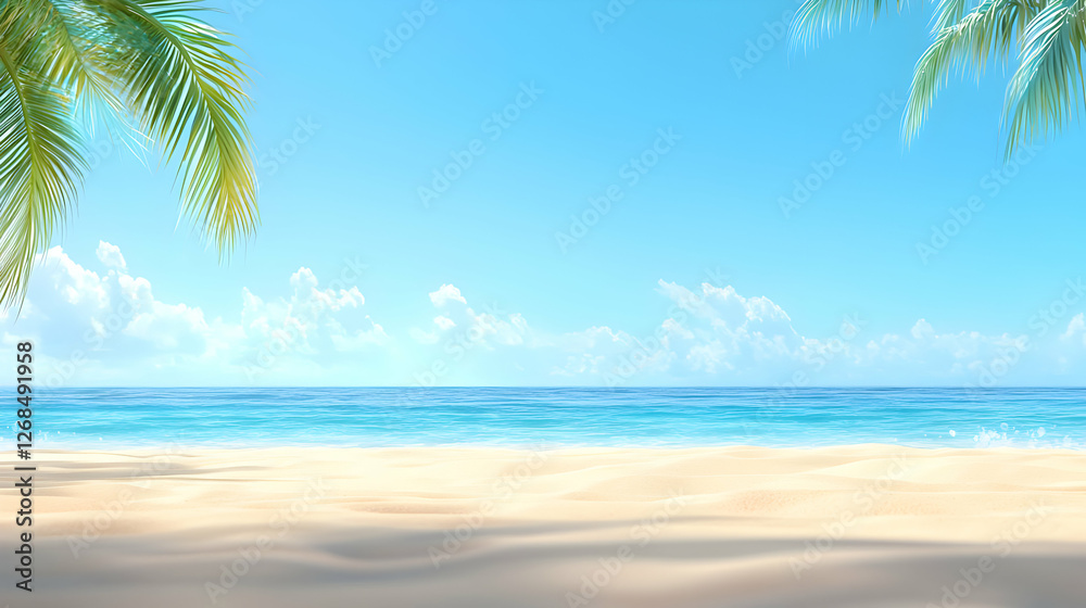 Sunny Tropical Beach Scene with Azure Ocean and Palm Trees Sunny Tropical Beach Scene with Azure Ocean and Palm Trees