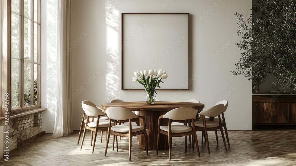 Fototapeta premium Elegant Dining Room: A light-filled dining room features a wooden table set for a meal, surrounded by stylish chairs, with a large artwork hanging on the wall.