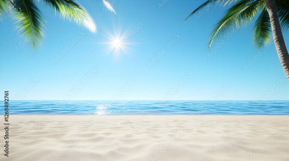 Sunny Tropical Beach Scene with Palm Trees Sunny Tropical Beach Scene with Palm Trees