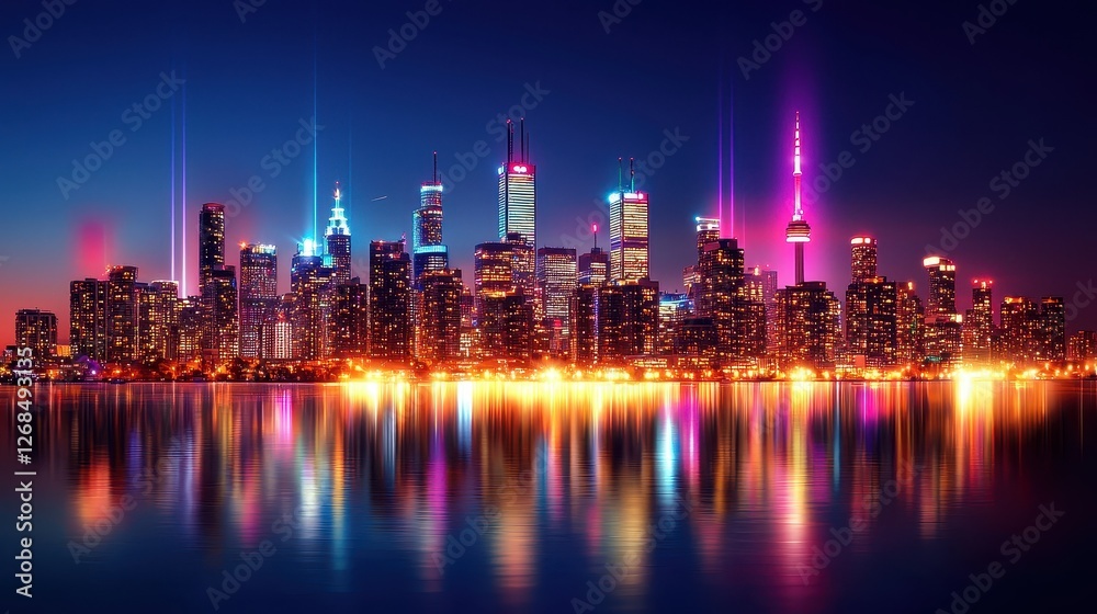 Fototapeta premium Vibrant Night Skyline of a Modern City with Colorful Reflections