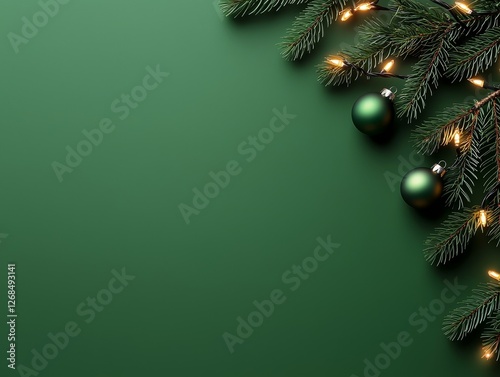 A close-up of a Christmas tree branch adorned with green ornaments and warm lights, set against a deep green background.