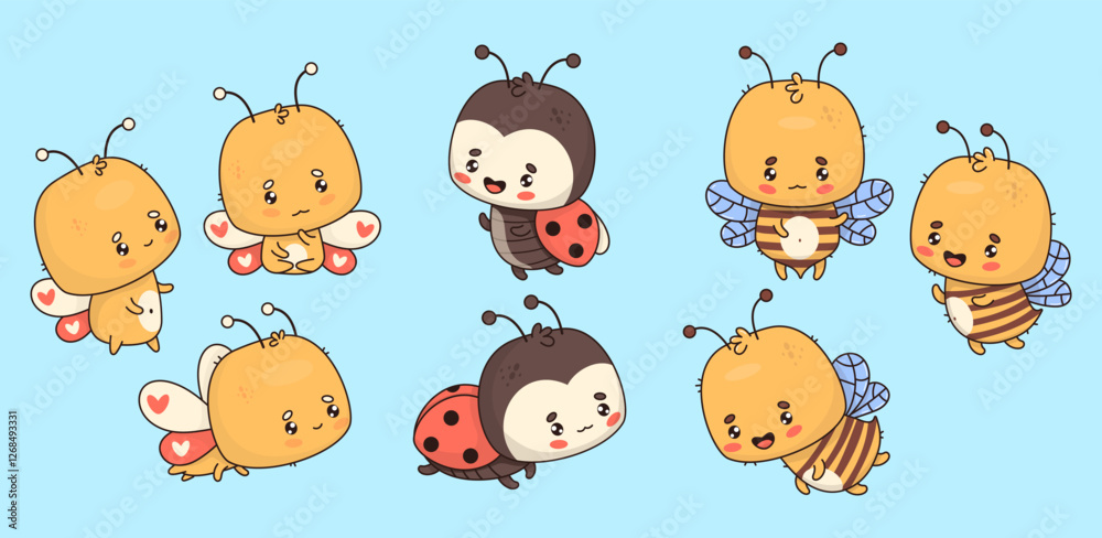 Cute insects butterfly, bee and ladybug. Isolated funny character in kawaii style. Vector illustration Cute insects butterfly, bee and ladybug. Isolated funny character in kawaii style. Vector illustration